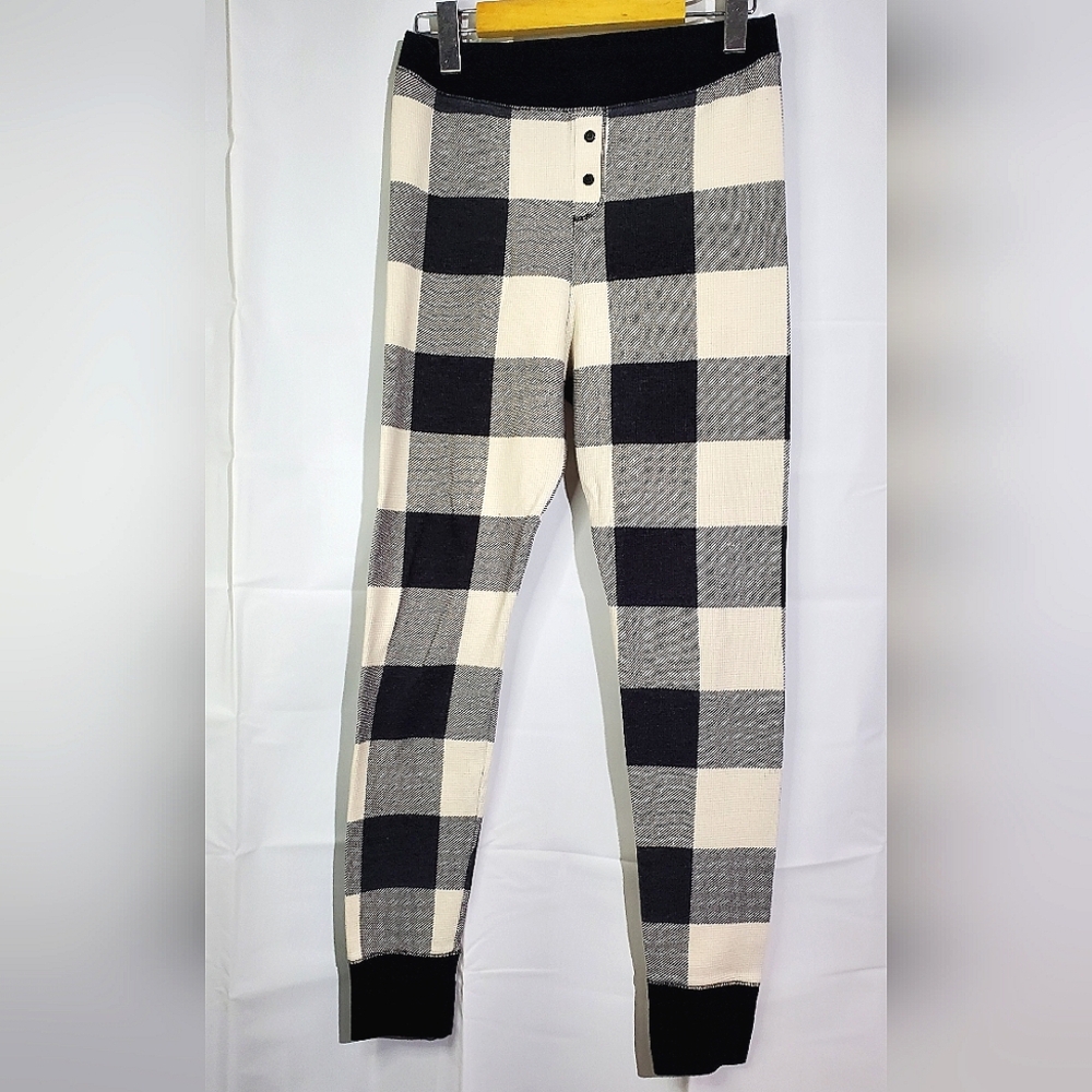 Old Navy Cream/Grey/Black Plaid Waffle Knit Cozy Thermal Pajama Leggings- Medium